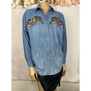 Quizz Again Vintage Denim Shirt Womens Large Blue Embroidered Harvest Cotton L